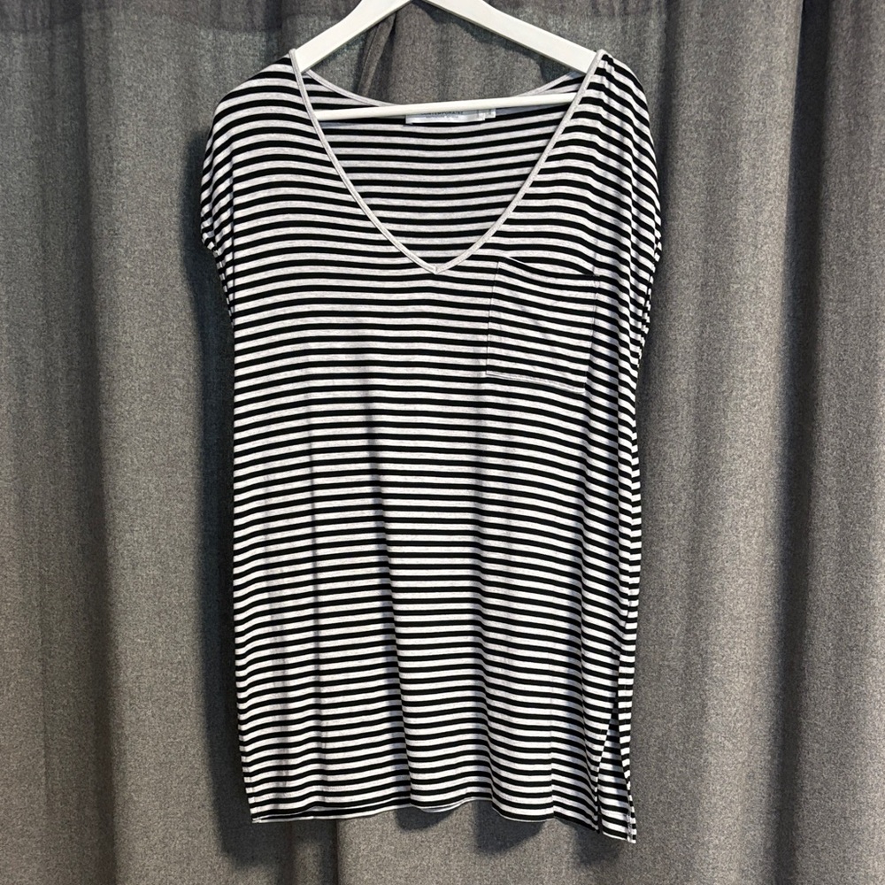 Long Black and Light Grey Striped V-Neck Tee